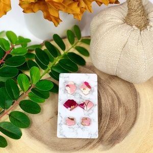 Pink and Gold Floral Stud Earrings Set 3 Pairs